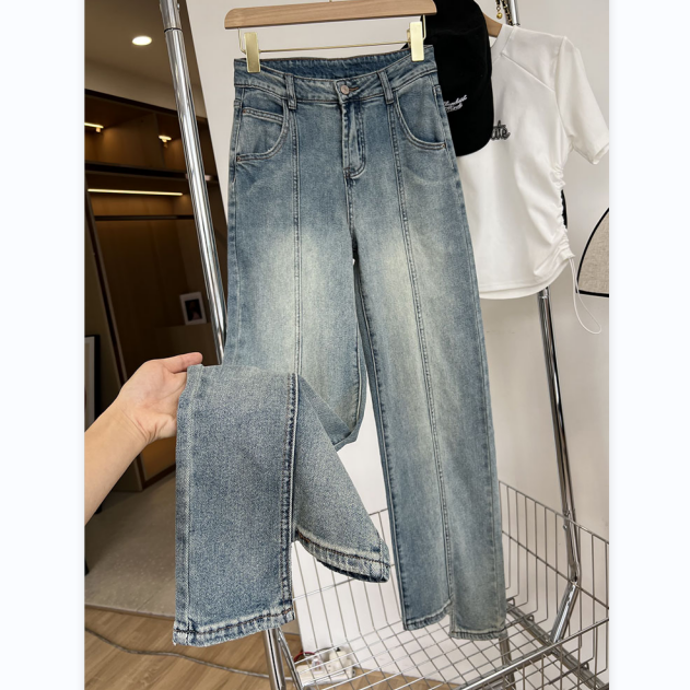 柔软舒适质地  复古高腰微弹显瘦不规则阔腿牛仔裤  A3553
