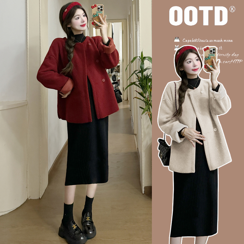 孕妇秋冬装红色新年气氛毛衣中长款套装小香风显瘦小个子洋气针织