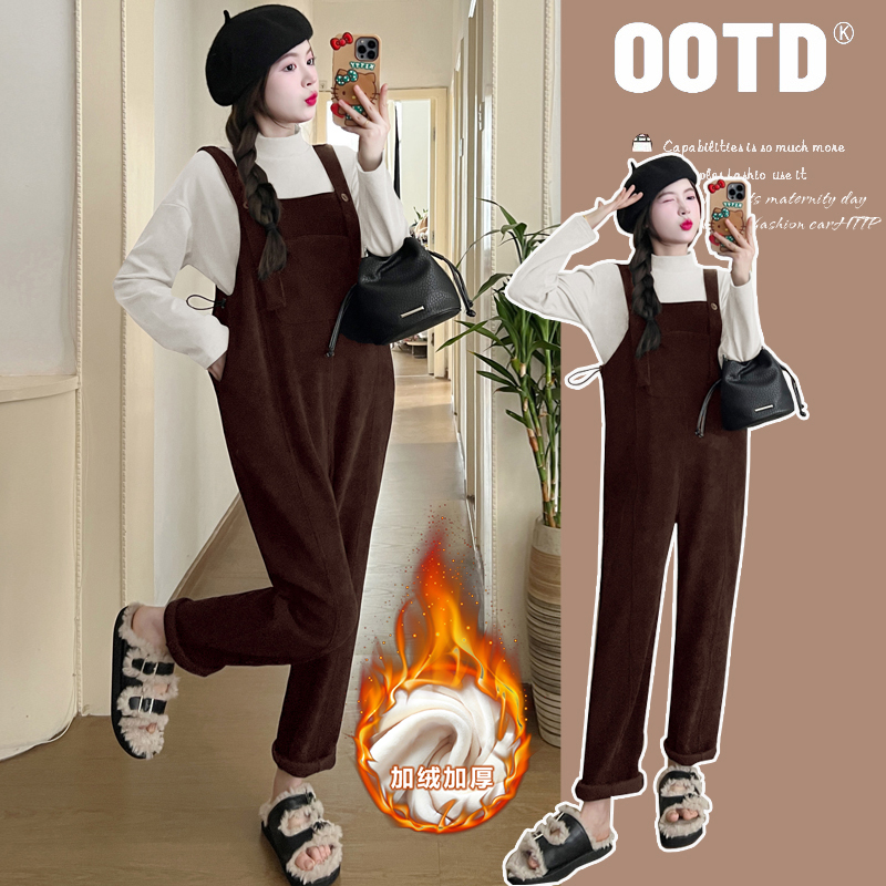 孕妇秋冬装加绒加厚背带裤套装2024新款显瘦时尚外穿宽松秋冬季