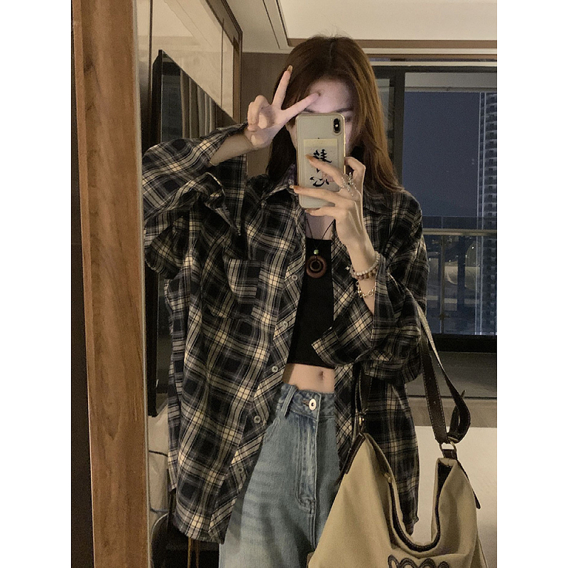 复古风格子长袖衬衫女外套春秋季设计感小众高级感宽松翻领衬衣女
