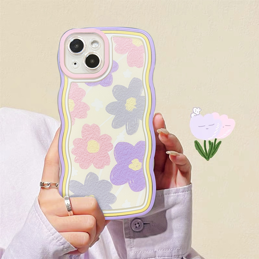 适用苹果/华为/OPPO/VIVO/小米F 粉紫油画花花透明全包波浪手机壳