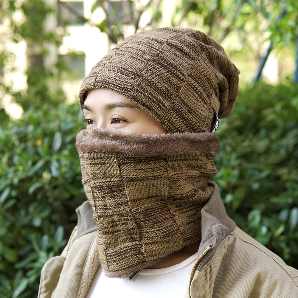 加绒加厚帽子围脖套装 冬天套头帽子围脖针织帽毛线帽二件套装