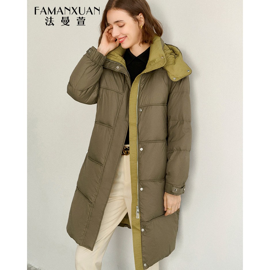 法曼萱灰咖色白鹅绒羽绒服中长款女2023年秋冬新款气质外套YRF631