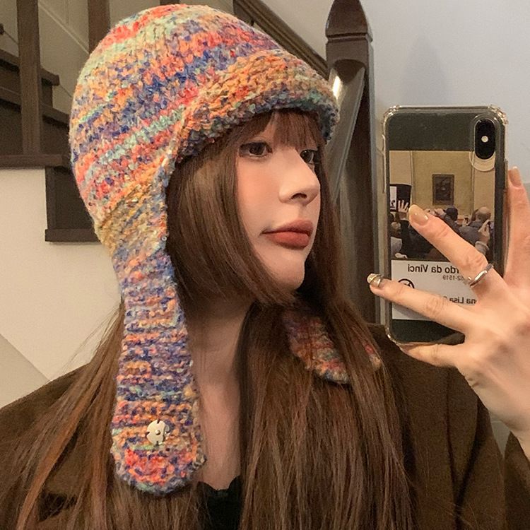 小众复古手工针织帽女秋冬季毛线帽子撞色保暖护耳帽飞行帽雷锋帽