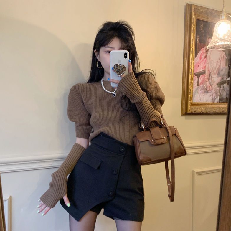 小猫服装女短袖针织衫女2023新款袖套圆领修身显瘦上衣女时尚丽人