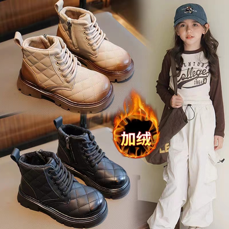 回力瑞女童马丁靴冬季2023新款儿童皮靴黑色中大童女孩加绒短靴潮