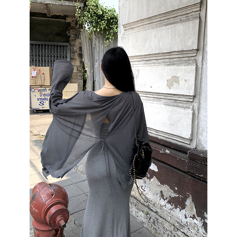 灰色针织防晒开衫女夏薄款外套中长款宽松慵懒风外搭罩衫长袖上衣