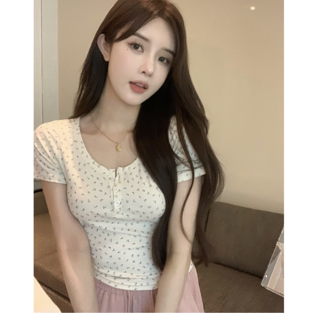 美式小清新碎花短袖T恤女夏季修身短款高腰设计感小众甜辣妹上衣