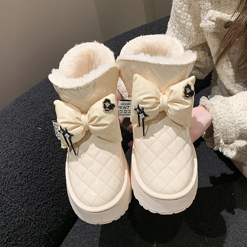 雪地靴厚底女冬季2023新款加绒加厚棉鞋学生蝴蝶结保暖东北面包鞋