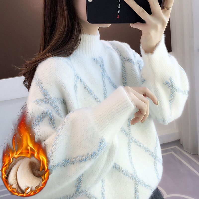 A21加绒加厚毛衣女宽松外穿慵懒冬季新款韩版短款针织衫打底上衣