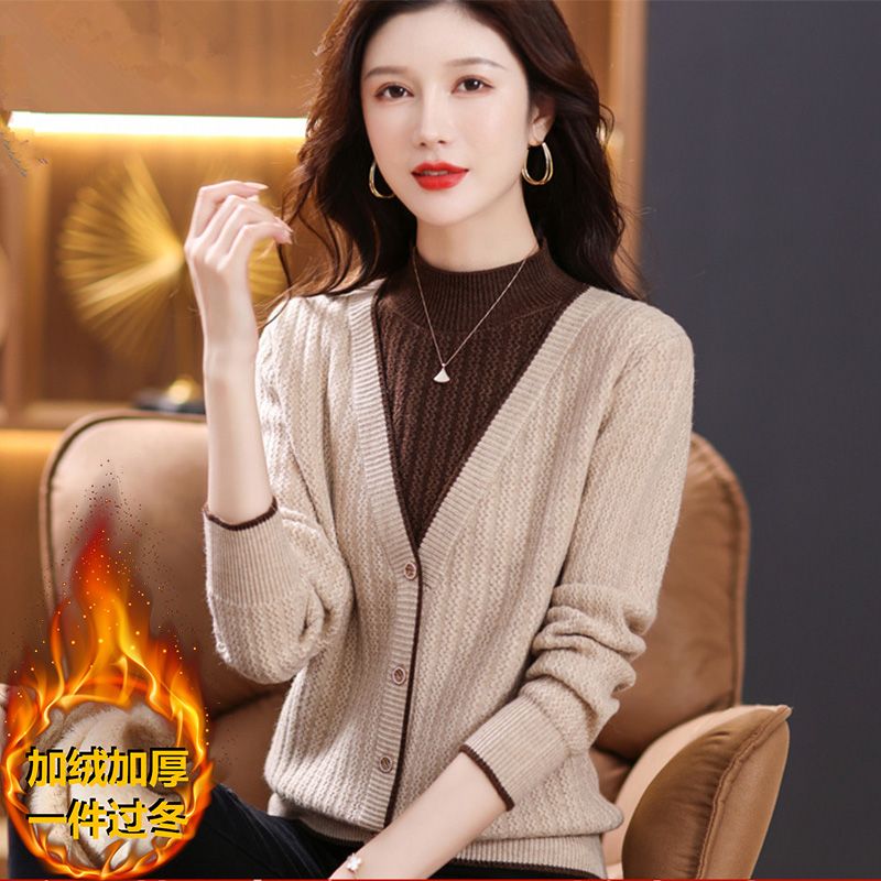 A54-加绒加厚假两件毛衣女冬季新款宽松洋气针织衫打底短款上衣