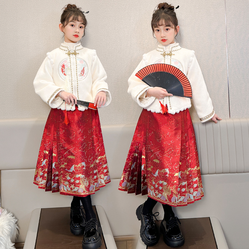 女童加绒马面裙套装儿童古风冬款6-12岁女孩冬季中国风保暖拜年服