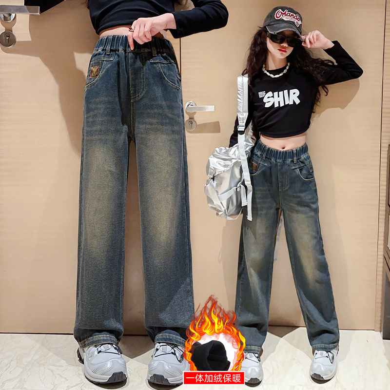 秋冬款显瘦牛仔阔腿裤宽松保暖女童牛仔裤复古休闲裤8-15岁阔腿裤