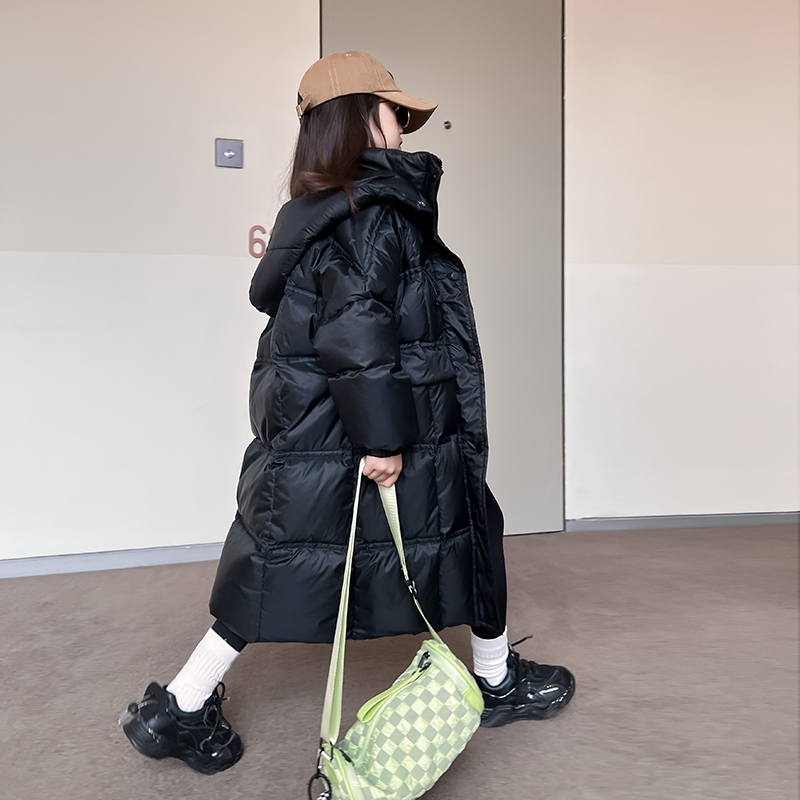 女童羽绒服黑色过膝中长款6-12岁15岁中大童冬季白鸭绒保暖外套潮