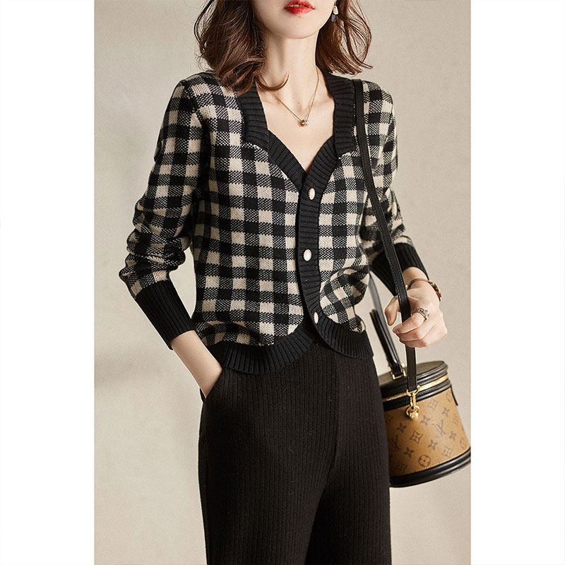 撞色千鸟格针织开衫软糯慵懒v领外穿毛衣外套女士2023年冬装新款
