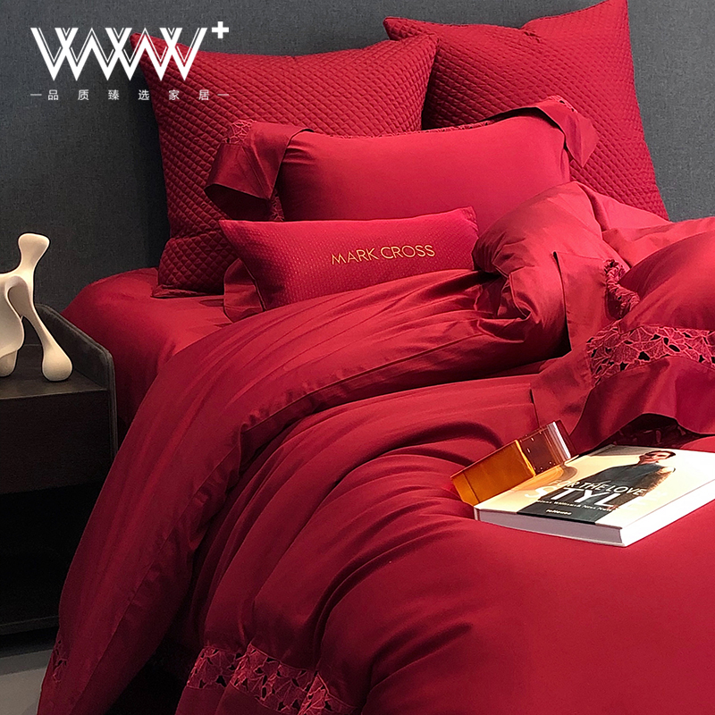 【WWW⁺】全棉100S(50×50)轻奢大红婚庆镂空工艺款四件套 初心