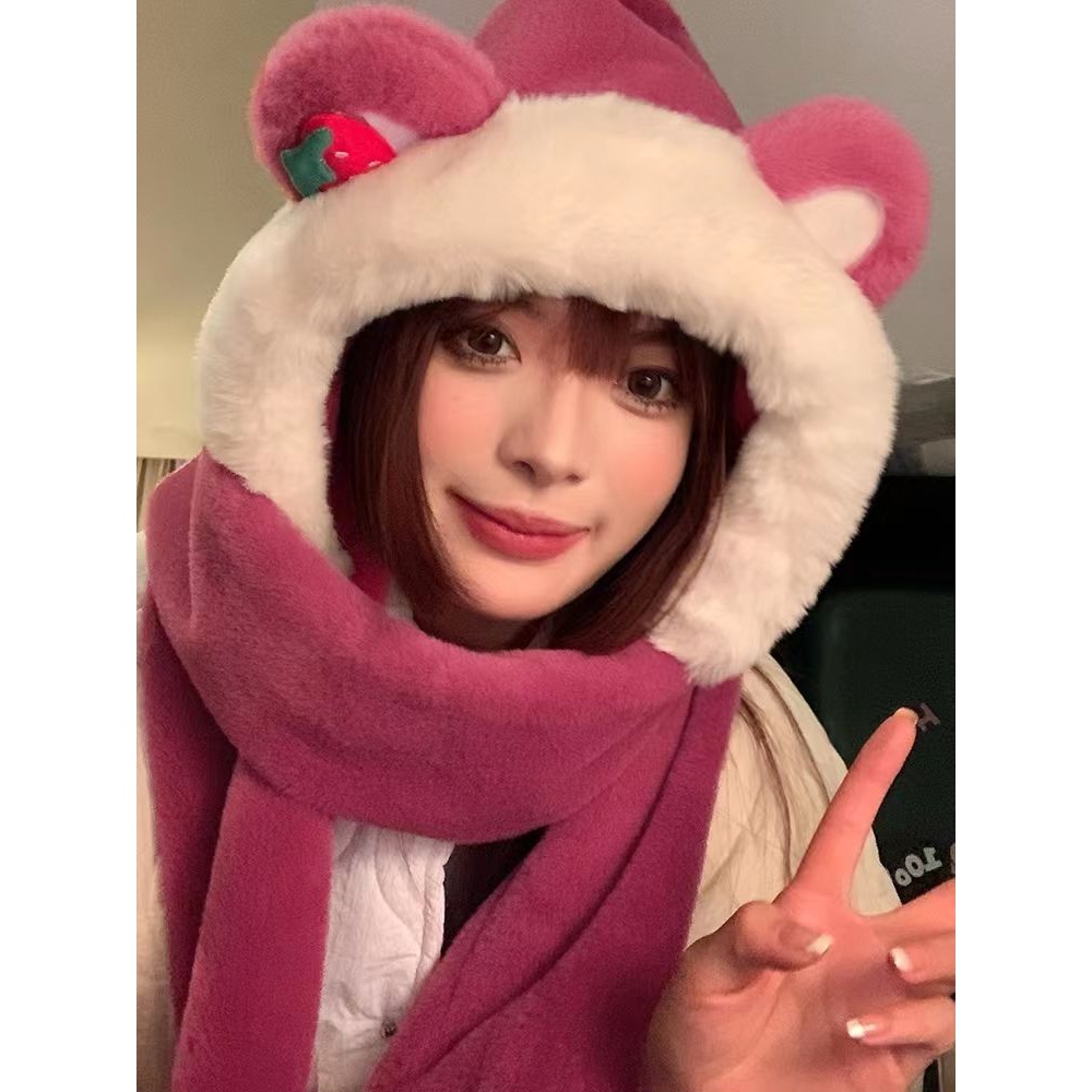 小熊帽子春夏女围巾手套一体连帽冬季围脖可爱保暖毛绒冬天三件套