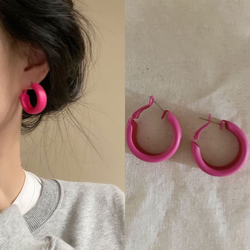 韩版玫红色系C形麻花耳圈亮色少女甜美耳环