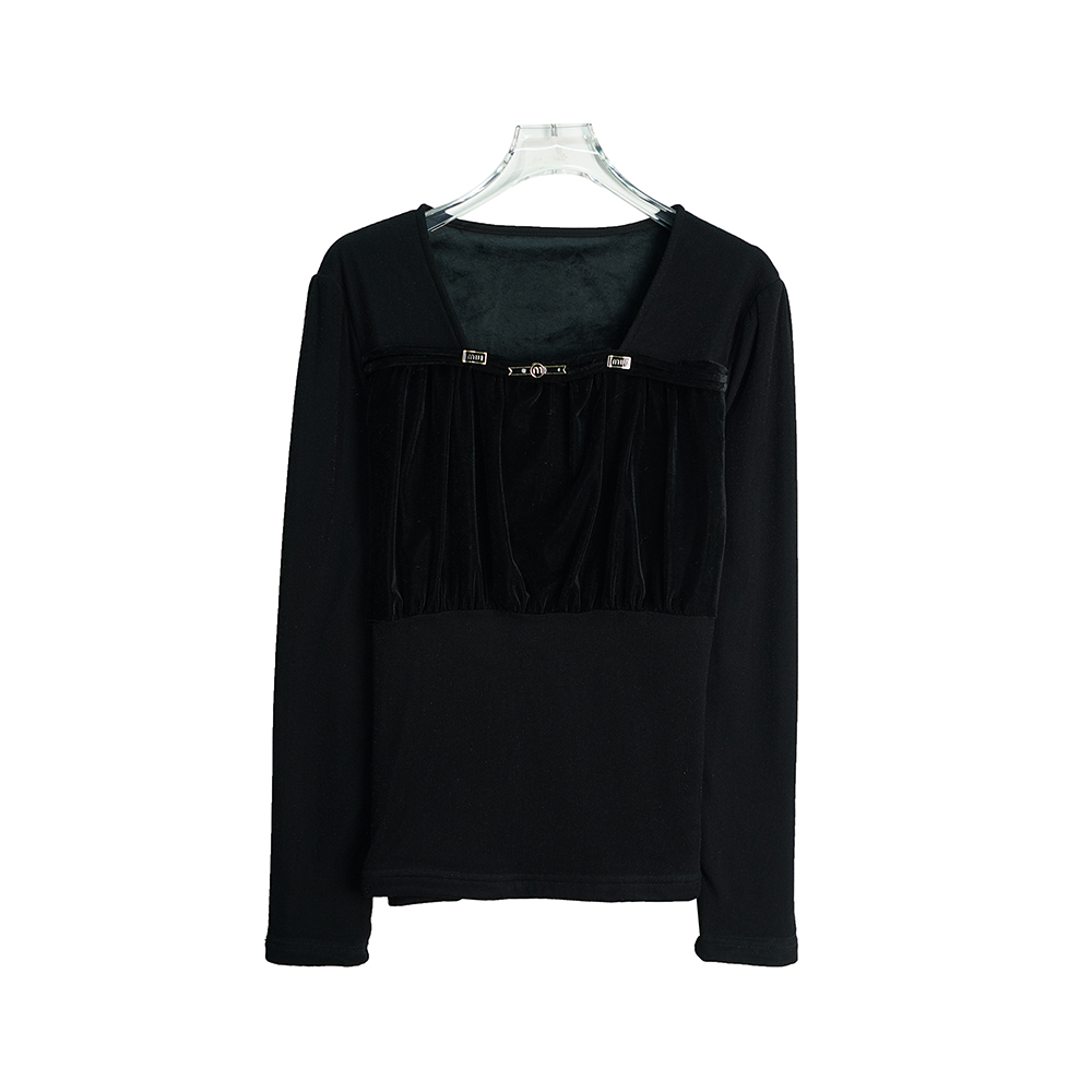 X2550【上新】拼接撞色黑色气质薄绒加厚方领长袖打底3Q