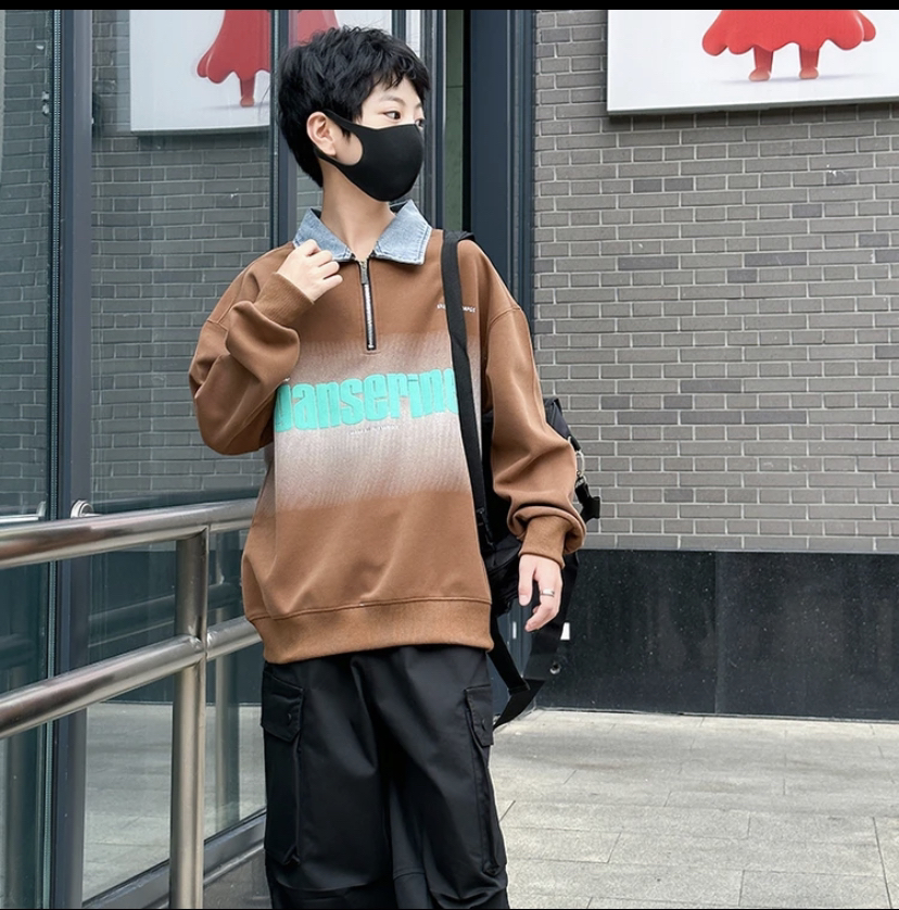 青少年儿童拼接牛仔领衬衫Polo长袖卫衣148
