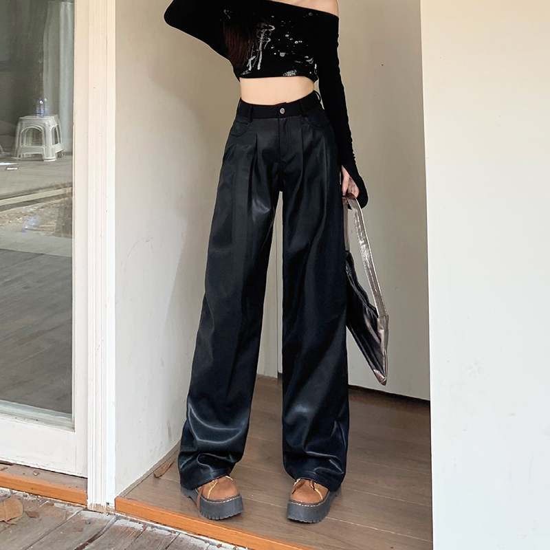 【交个朋友】高腰阔腿裤女2023年秋冬新款显瘦休闲垂感拖地PU皮裤