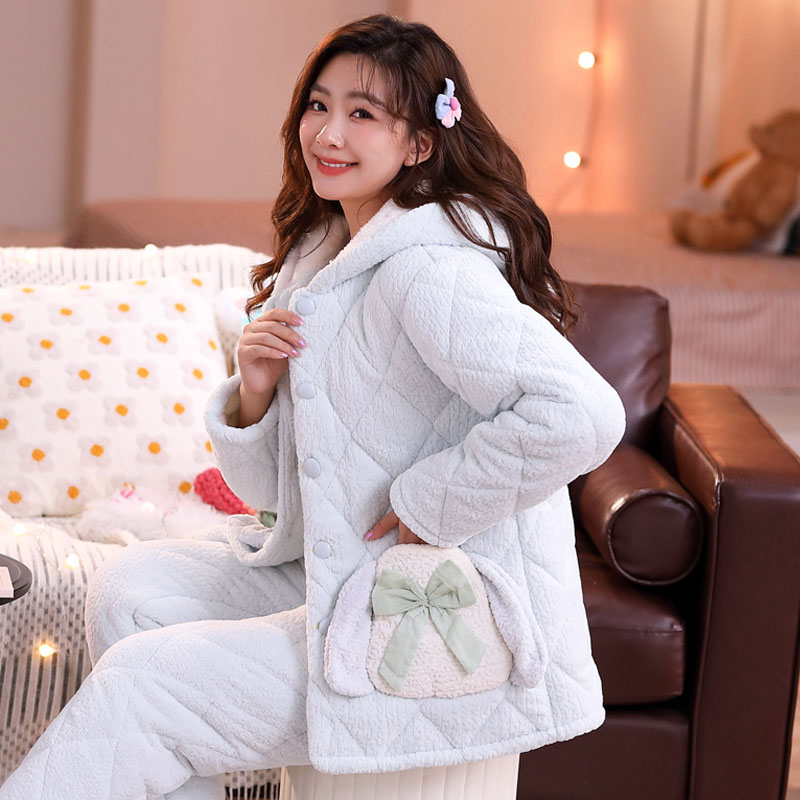 新款睡衣女冬季三层加厚保暖棉袄家居服夹棉睡衣女法兰绒珊瑚绒秋