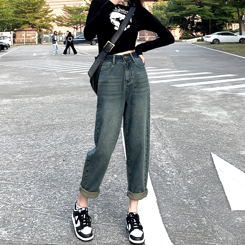 ZXL高腰阔腿牛仔裤女装秋季2022新款直筒宽松老爹裤设计感小众裤