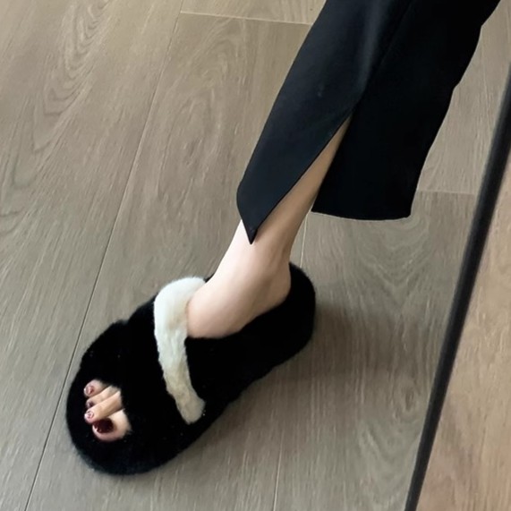 回力瑞毛毛拖鞋女黑色外穿2023秋冬欧货网红爆款居家毛绒棉拖厚底