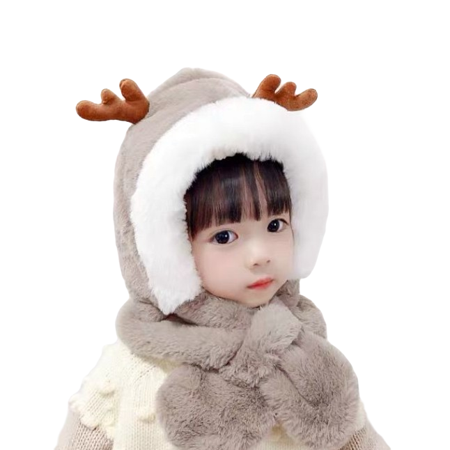 儿童帽子围巾一体冬季宝宝帽子可爱超萌男女童新款洋气加绒鹿角帽