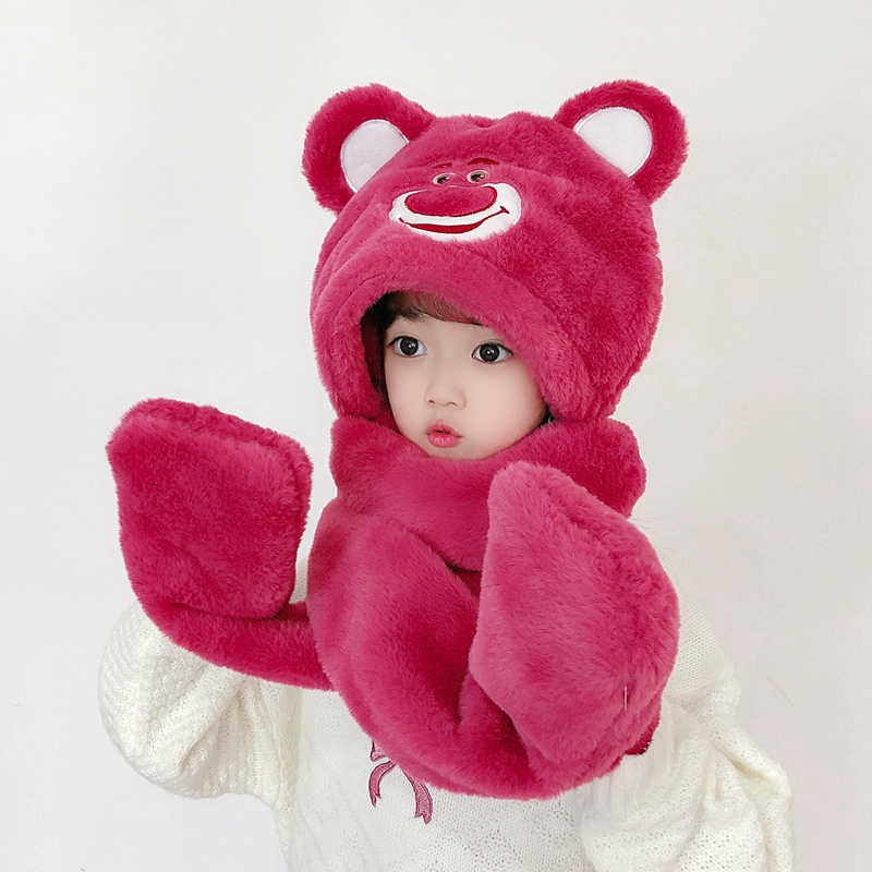 冬季儿童帽子围巾手套一体帽男童宝宝护耳帽女童围脖亲子草莓熊帽