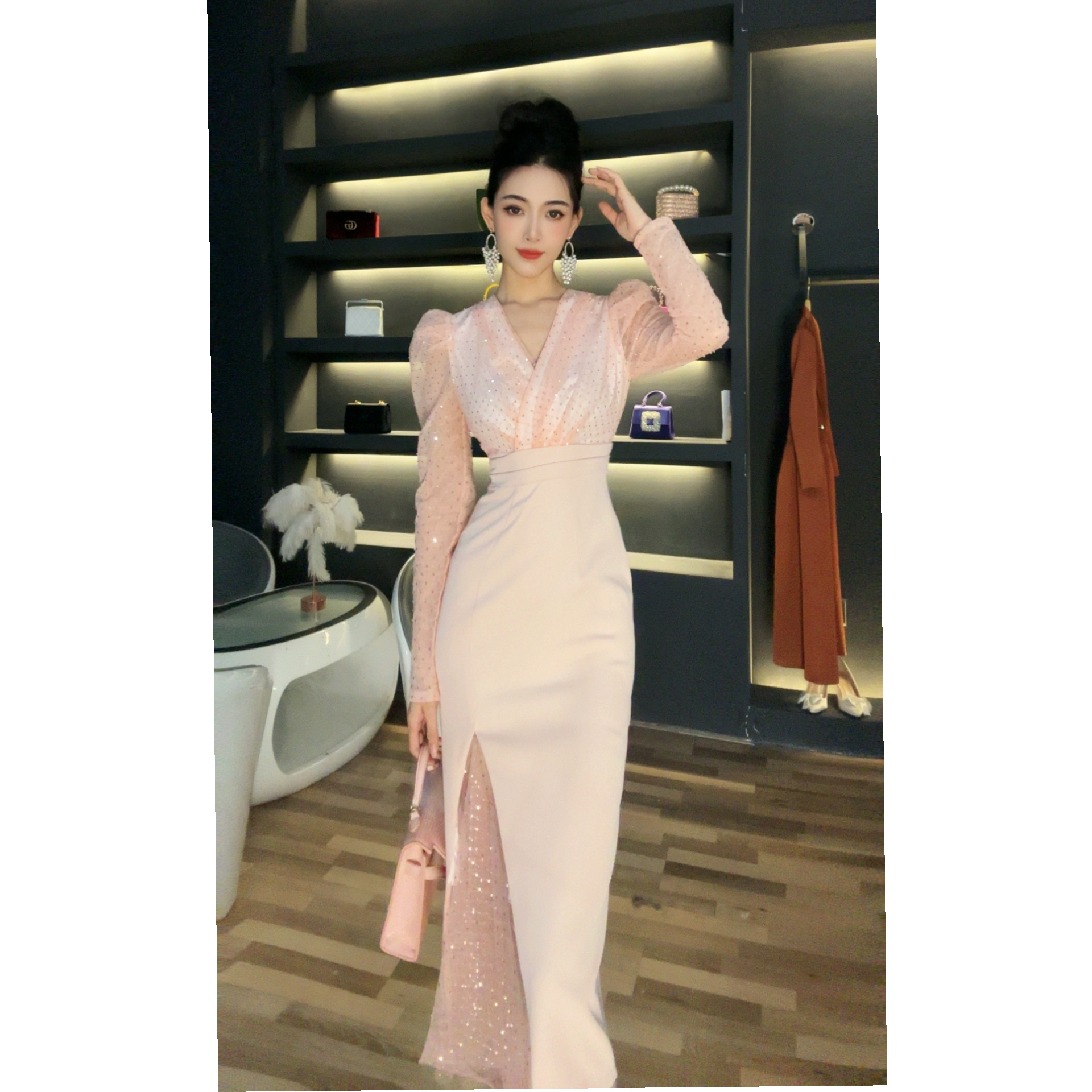 七爷定制 国内设计师品牌气质轻奢名媛宴会显瘦设计感连衣裙20667