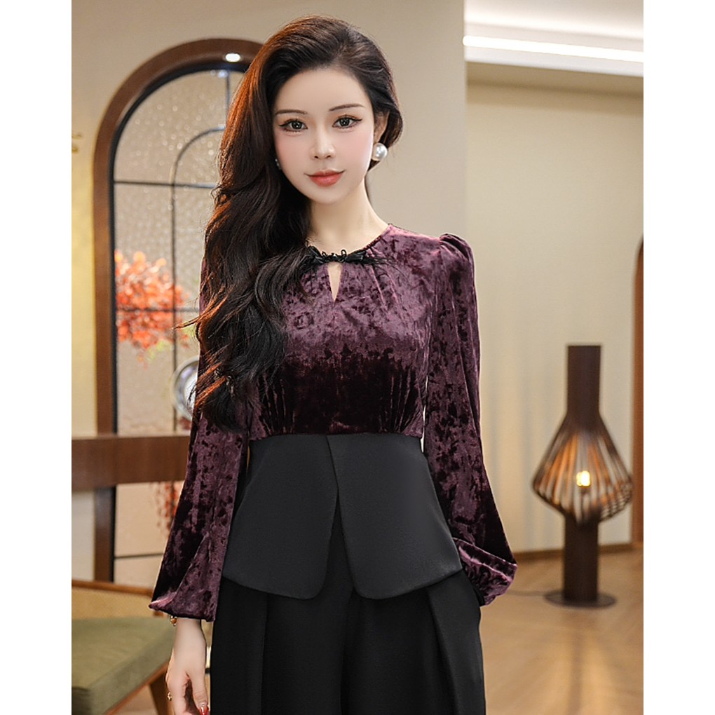 六六姐【紫醉金迷】秋冬新款法式高级感轻奢气质百搭拼接丝绒上衣
