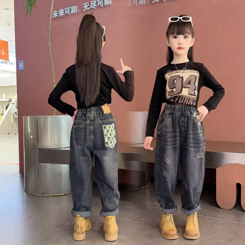 儿童牛仔裤女童春秋宽松时尚休闲哈伦老爹裤中大童秋季萝卜长裤子