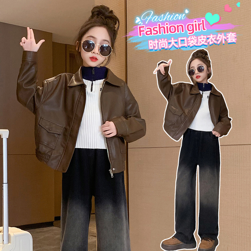 女童皮衣外套儿童春秋新款时尚网红短款休闲宽松夹克大童时髦上衣