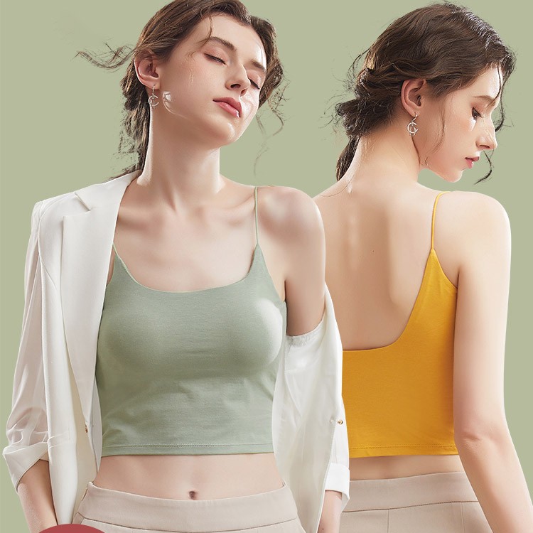 夏季美背内衣女吊带背心一体文胸带胸垫防走光u型细肩带内搭抹胸