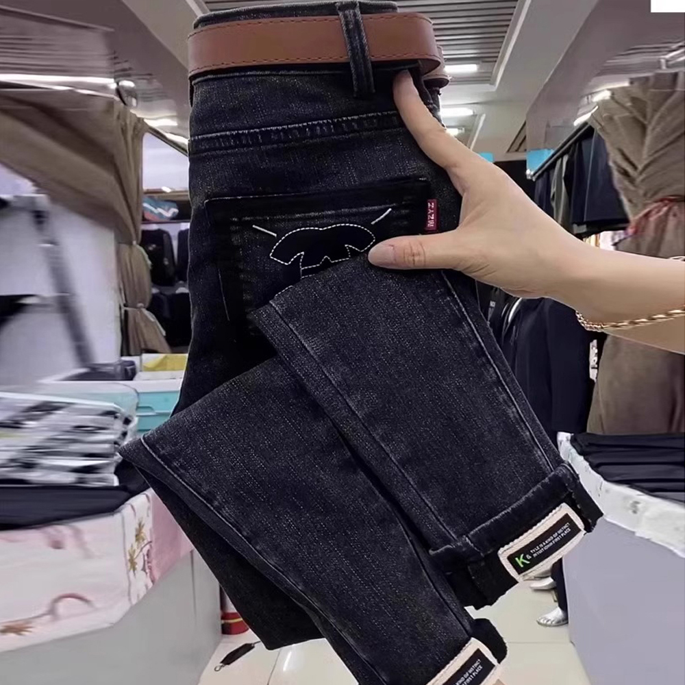 黑灰色高腰小脚牛仔裤女2023秋冬新款大码修身显瘦弹力九分铅笔裤