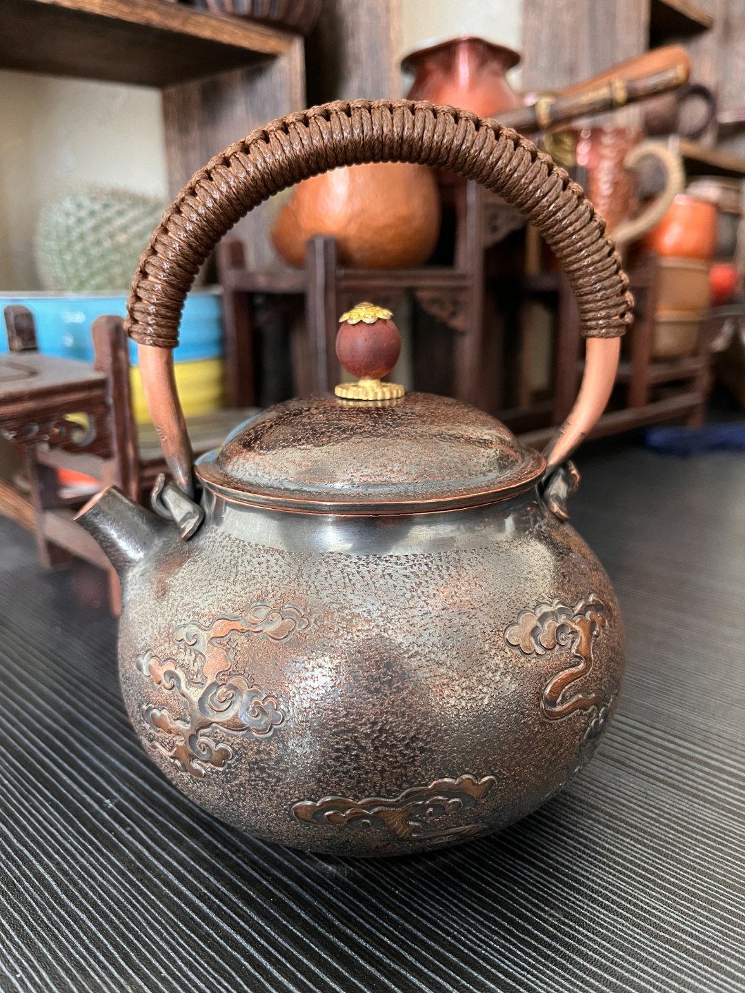 【品茗】紫铜手工  攒刻  复古祥云   烧水壶  煮茶壶 黑色
