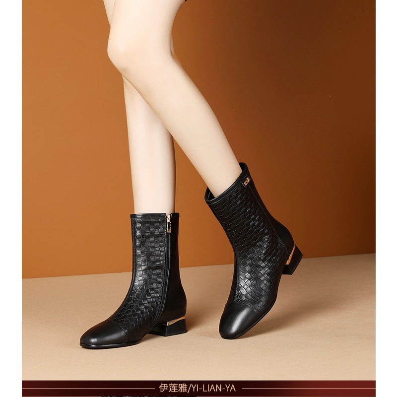 女靴新款英伦风小牛皮复古中筒靴子中跟方头短筒靴百搭黑色883-65