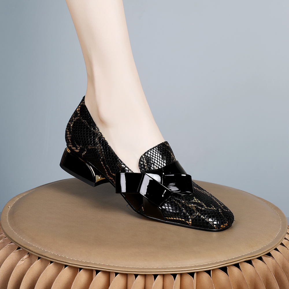 妮彩诗2023春季羊皮粗跟单鞋气质黑色百搭软底鞋方头四季鞋女3374