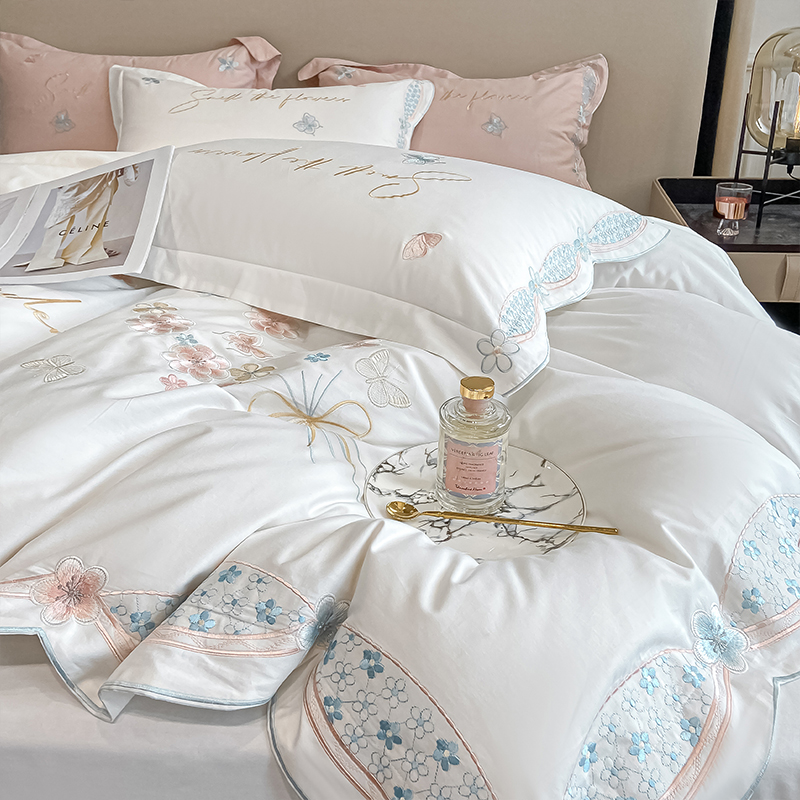 水星家纺高端田园公主风220支长绒棉纯棉四件套全棉床单轻奢高档