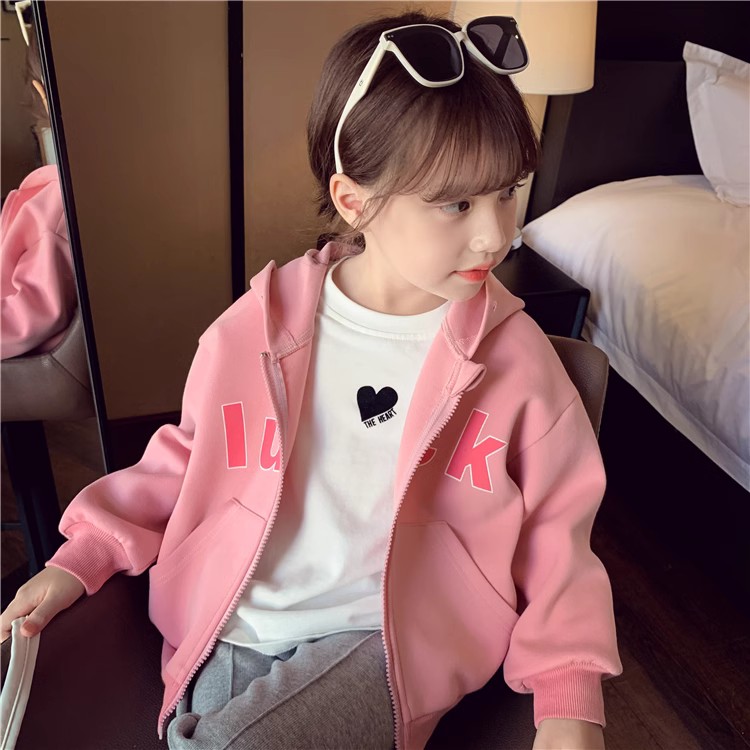 【现货】小蜜蜂女童秋款儿童连帽字母螺纹袖拉链外套开衫 HB22928