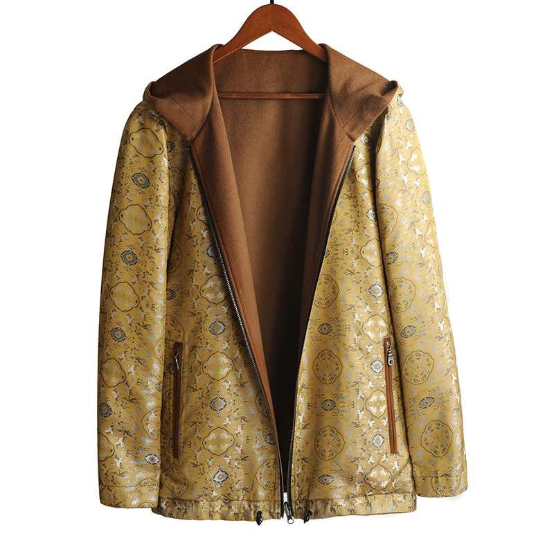 88091双面拉链连帽衫 桑蚕丝羊毛呢宋锦长袖男士休闲宽松夹克外套