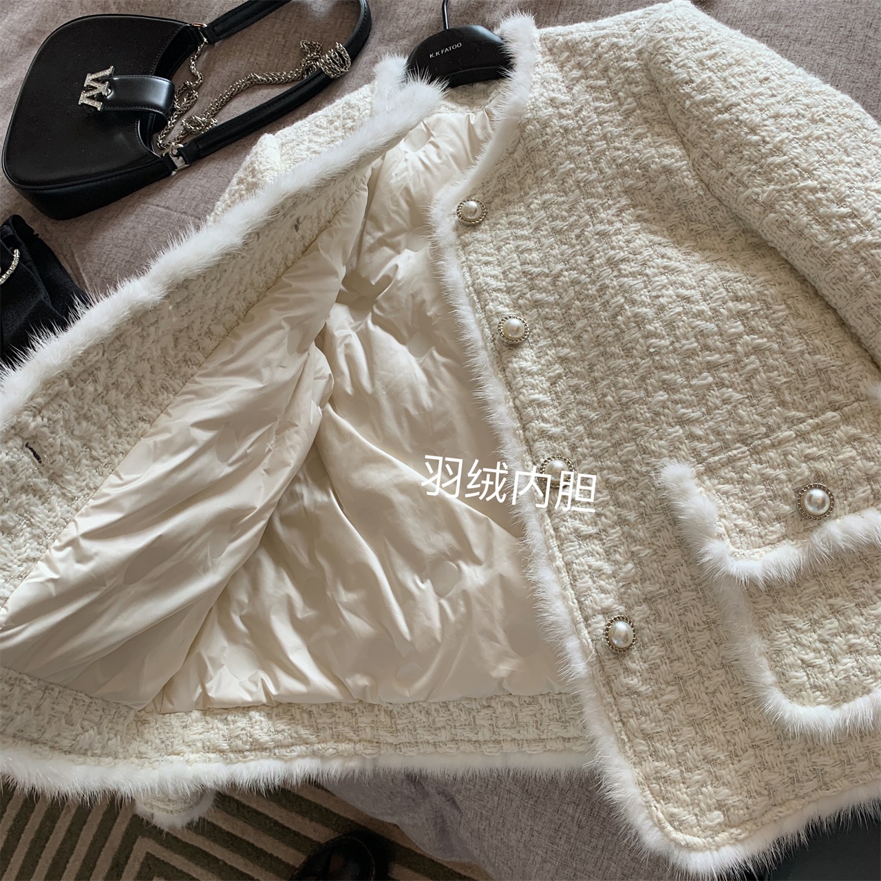 冬季新款羽绒服小香风女气质加厚仿水貂毛拼接粗花呢外套LQ653