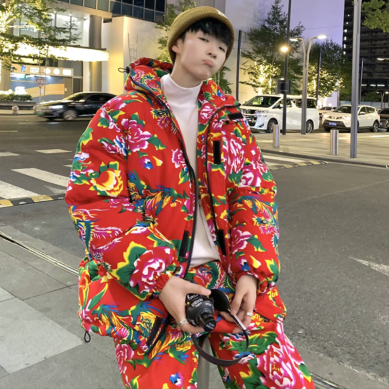 套装冬季东北大花连帽棉衣加绒裤中国风民族国潮男女同款棉服宽松