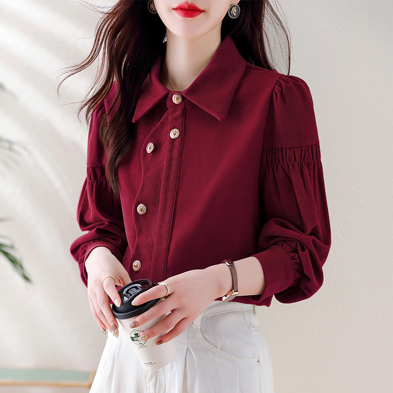 法式复古新年红长袖2024新款别致设计感小众不规则气质衬衫上衣女