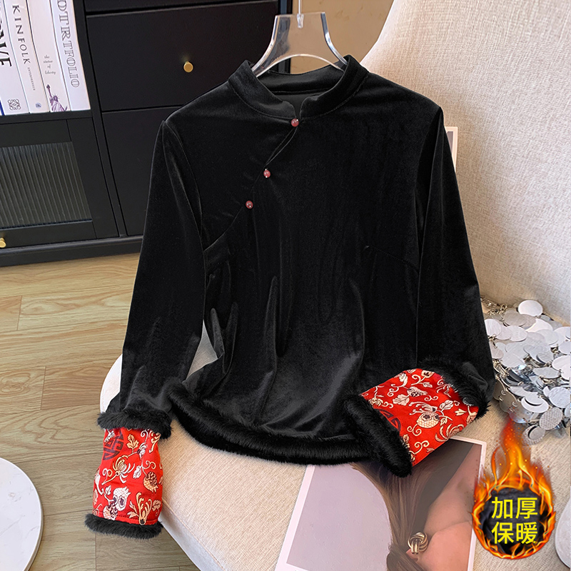 金丝绒长袖秋冬新款高端复古中式风盘扣立领打底遮肉显瘦百搭衬衫