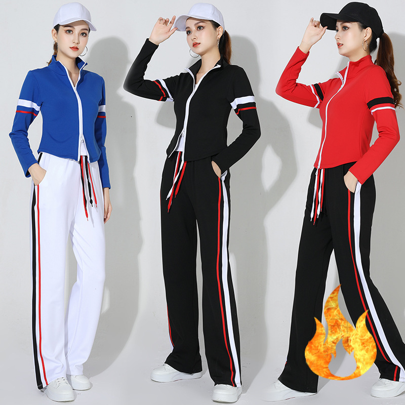 （团队推荐）广场舞运动服秋冬加绒双拉链开衫跳操运动休闲两件套