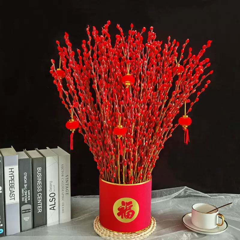 红色银柳真花鲜枝水培植物农历新年装饰摆件干枝鲜花客厅年宵花卉