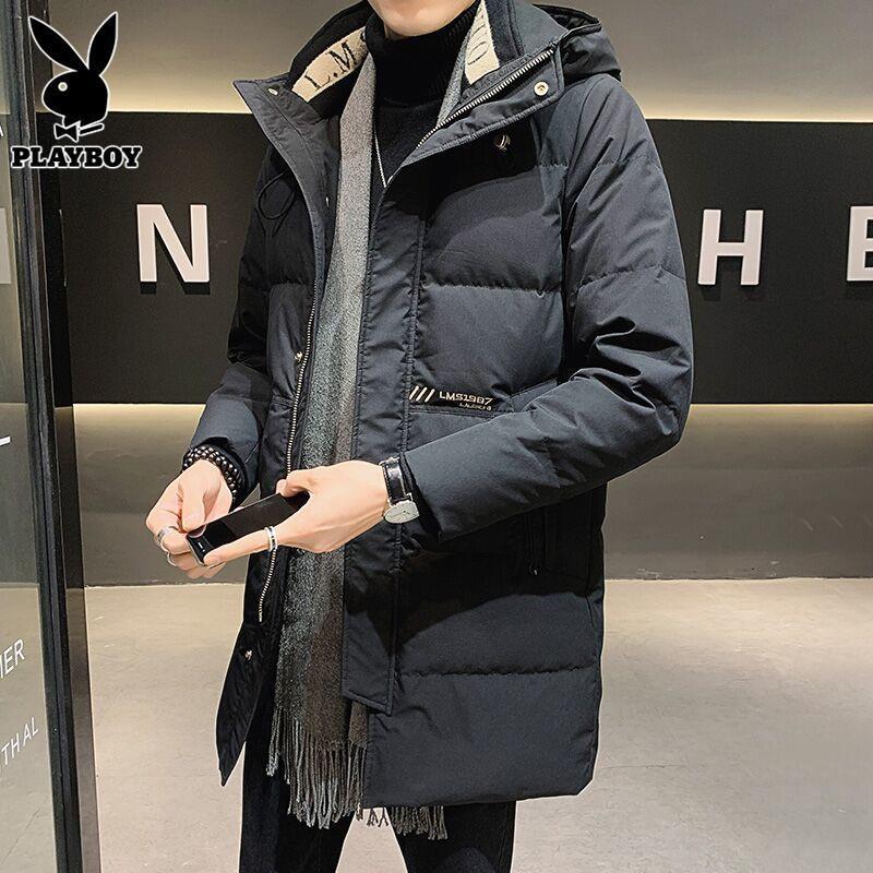 PLAYBOY连帽羽绒服男士中长款冬季潮流加厚防寒服黑色休闲外套男