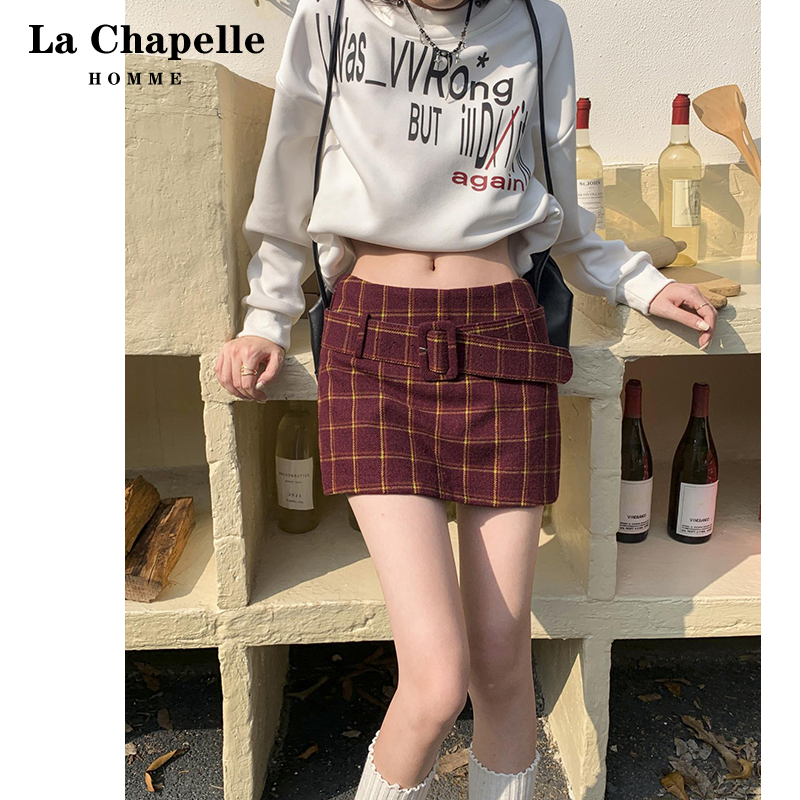 拉夏贝尔红色格子半身裙女冬季2023年新款遮胯显瘦学院风a字短裙